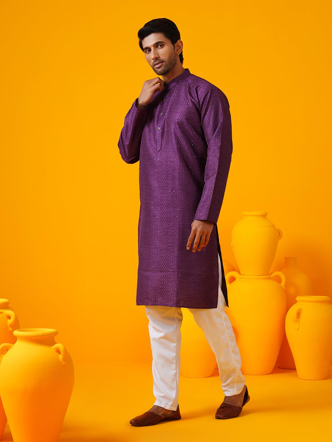 Sojanya (Since 1958 Men's Silk Bend Krochet Thread Embroidered Violet Long Kurta