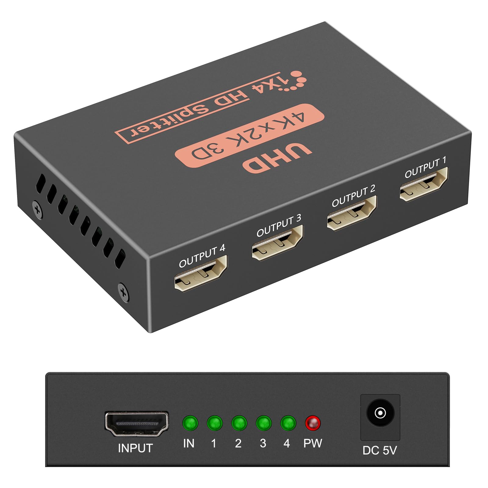 HDMI Splitter 1x4, Sorthol 1 in 4 Out HDMI Splitter Audio Video Distributor 3D & 4K x 2K Box for HDTV, STB, PS3, PS4 Pro Blu-Ray DVD Player, Projector