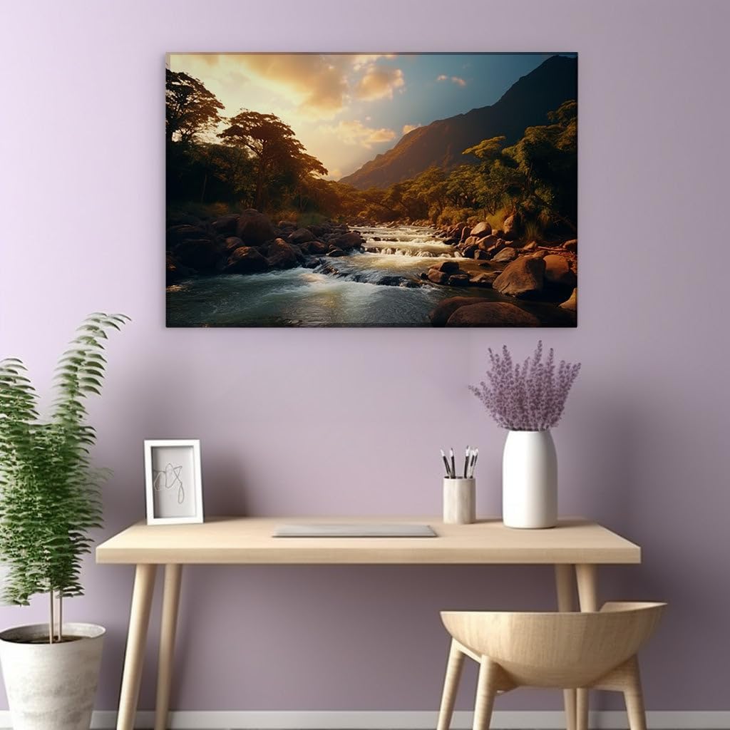 Canvas for Living room. River of Serenity: Navigating Through Rocks and Forest at Sunset, 27 x 18 inch Canvas Wall Art - Modern Home Decor