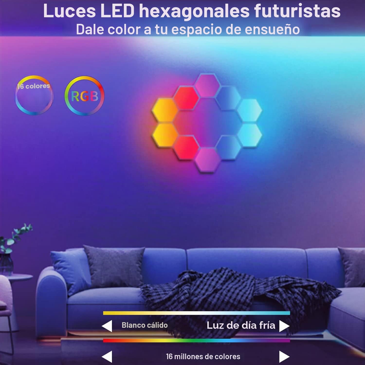Luces LED Hexagonales, Panel LED RGB Lampara LED Pared App y Control Remoto, Paneles LED Luces Gaming Sincronizar con Música, Luces LED Habitación Geometría para Decoracion Gaming Salón,7 Paneles
