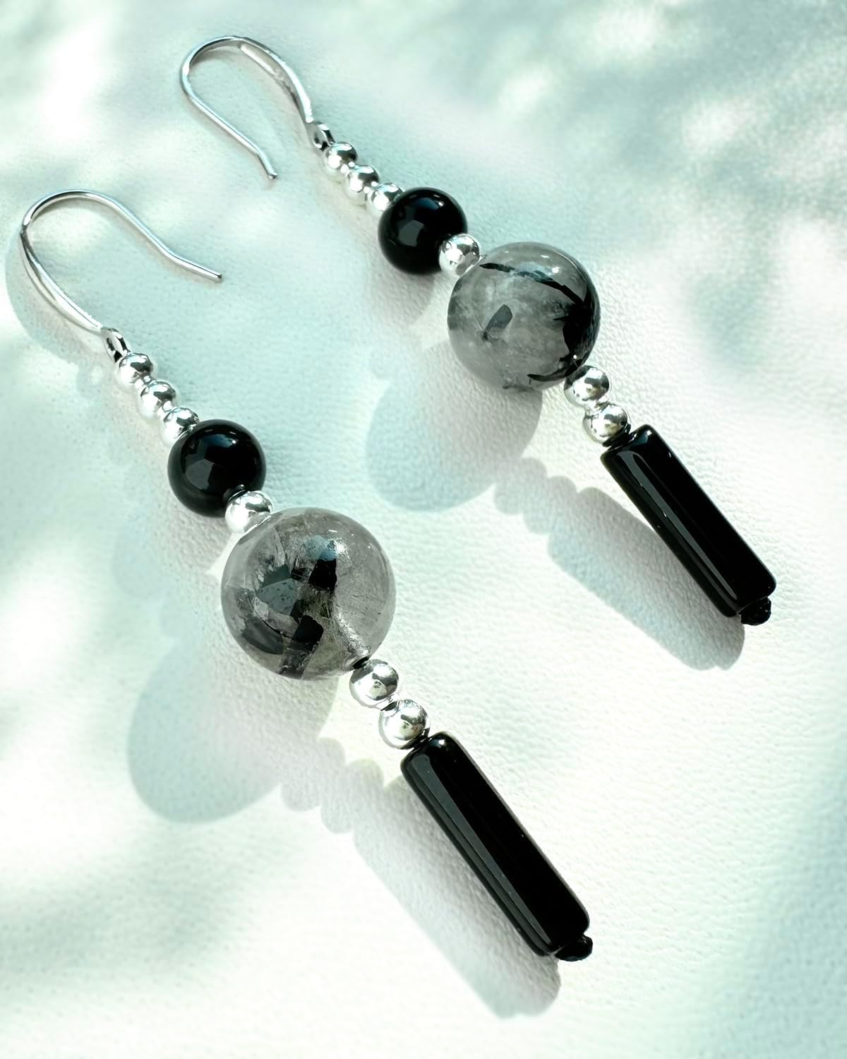 Jewever 925 Sterling Silver Earrings Obsidian/Black Rutilated Quartz/Agate Dangle Earrings for Women Trendy Protection Jewelry Love Gifts