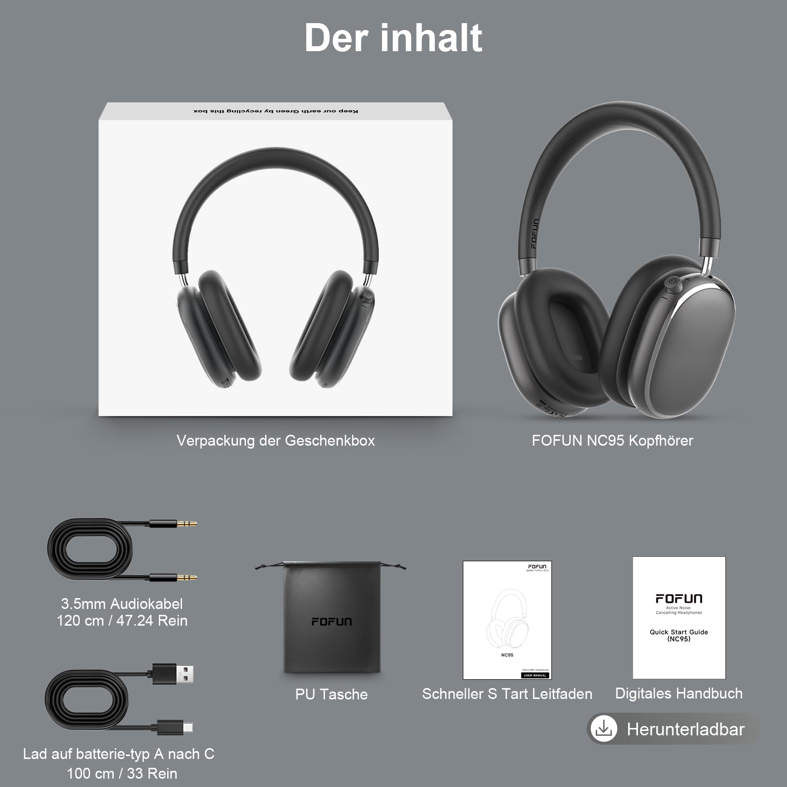 NC95 Kopfhörer Kabellos Bluetooth 6.0,Hybrid Noise Cancelling Kopfhörer mit Drehknopf,120+ Stunden Spielzeit,EQ Personalisierung per App,Geeignet für Reisen und Training