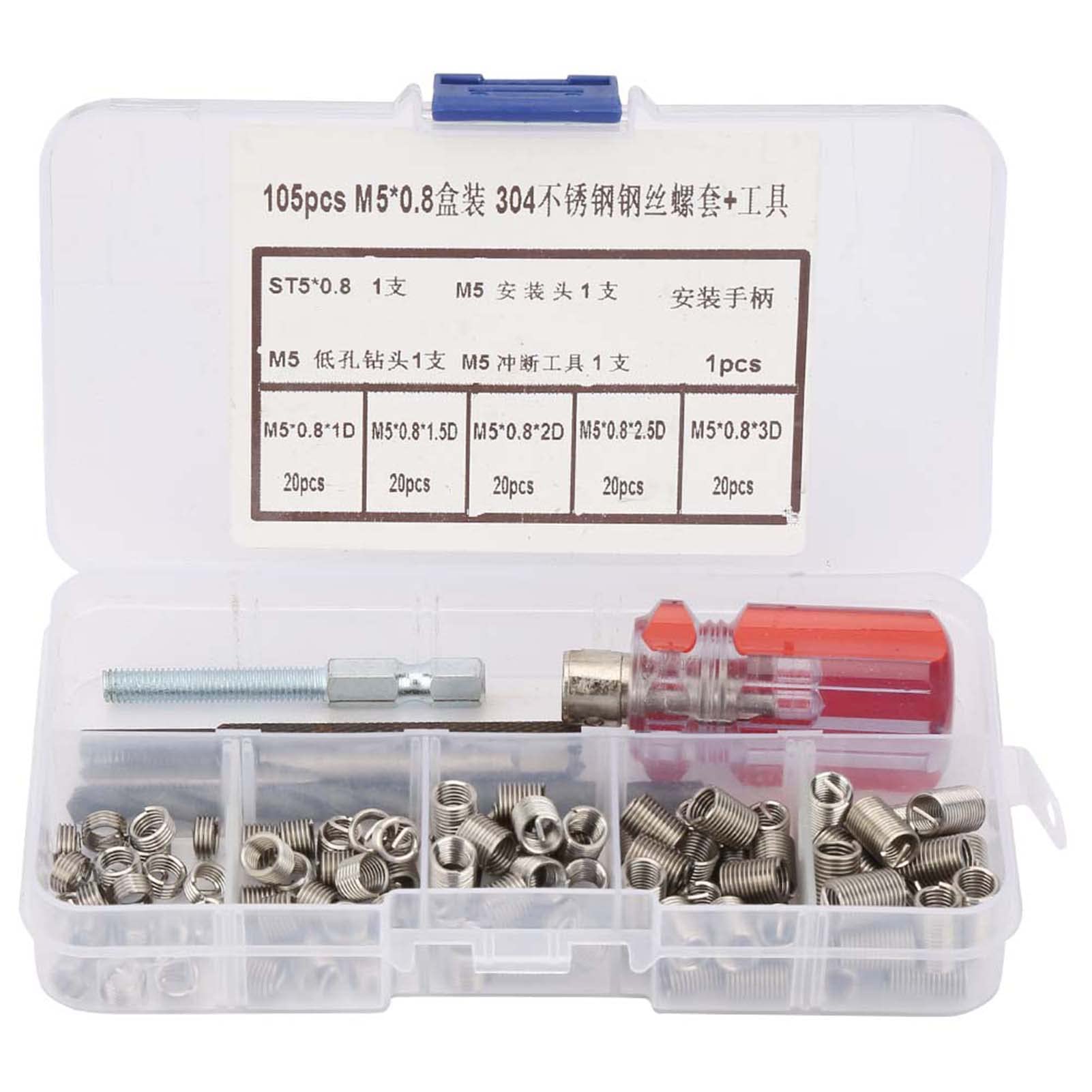 Screw Wire Sleeve Thread Insert, 105pcs Stainless Steel Wire Screw Sleeve Threaded Inserts Repair Kit Set with Tools(M30.5), Thread Repair Kits (M5*0.8 Boxed)