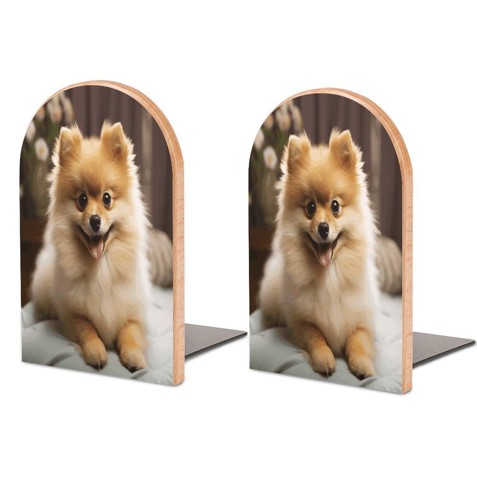 Cute Pomeranian Dog Bookends Modern Bookends for Shelves Fashion Heavy Duty Book Stopper Sturdy Non-Skid Metal Base Wood Book Ends for Library Home Office 1 Pair