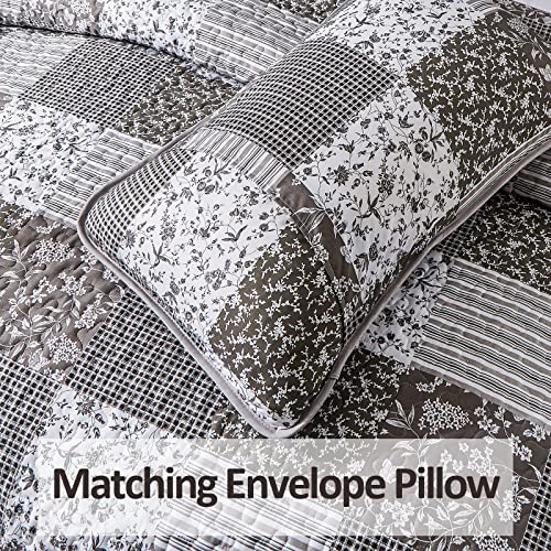 Mybedsoul Grey Boho Quilt Set King Size,3 Pieces Plaid Floral Bedspread Coverlet Set For All Season,Patchwork Reversible Bedding Set King 90"X104" #TOP5