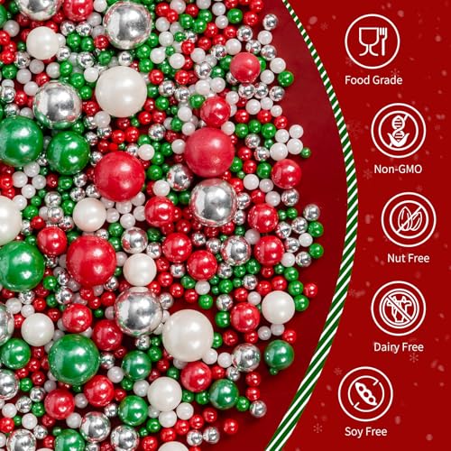 Image of Edible Christmas Sprinkles Pearls for Cake Decorating,130g Red Green White and Silver Pearl Mixed,Edible Sugar Holiday sprinkle for Cupcake Toppers, Cookie, Ice Cream Decorations Christmas Party