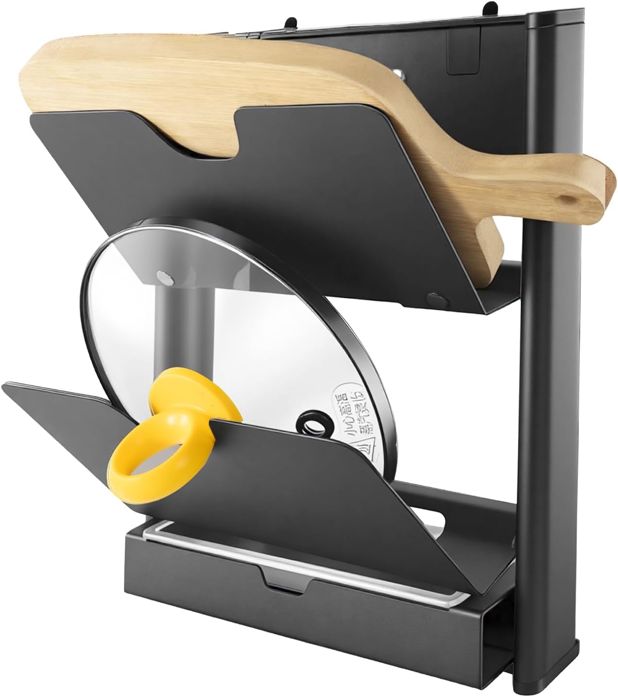 Wall Mounted Foldable Pot Lid Organizer, No-Drill Suction Cup Pot Lid Holder, Lid Organizer with Drainage Holes & Water Tray, Rust-Resistant Aluminum for Kitchen（Gray