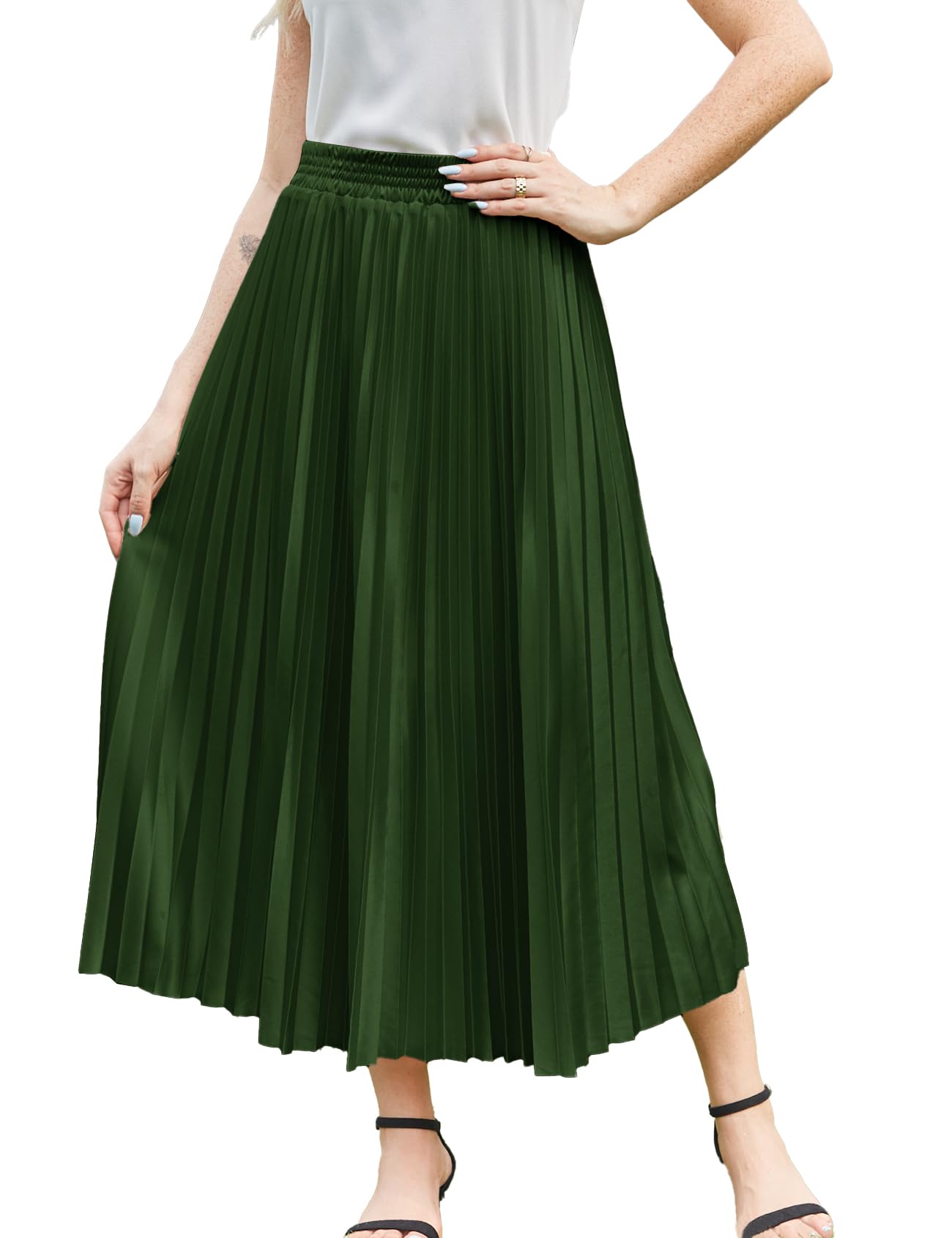 Flygo Pleated Skirts for Women Elastic High Waist A-Line Midi Skirt Casual Flowy Swing Pleated Skirt