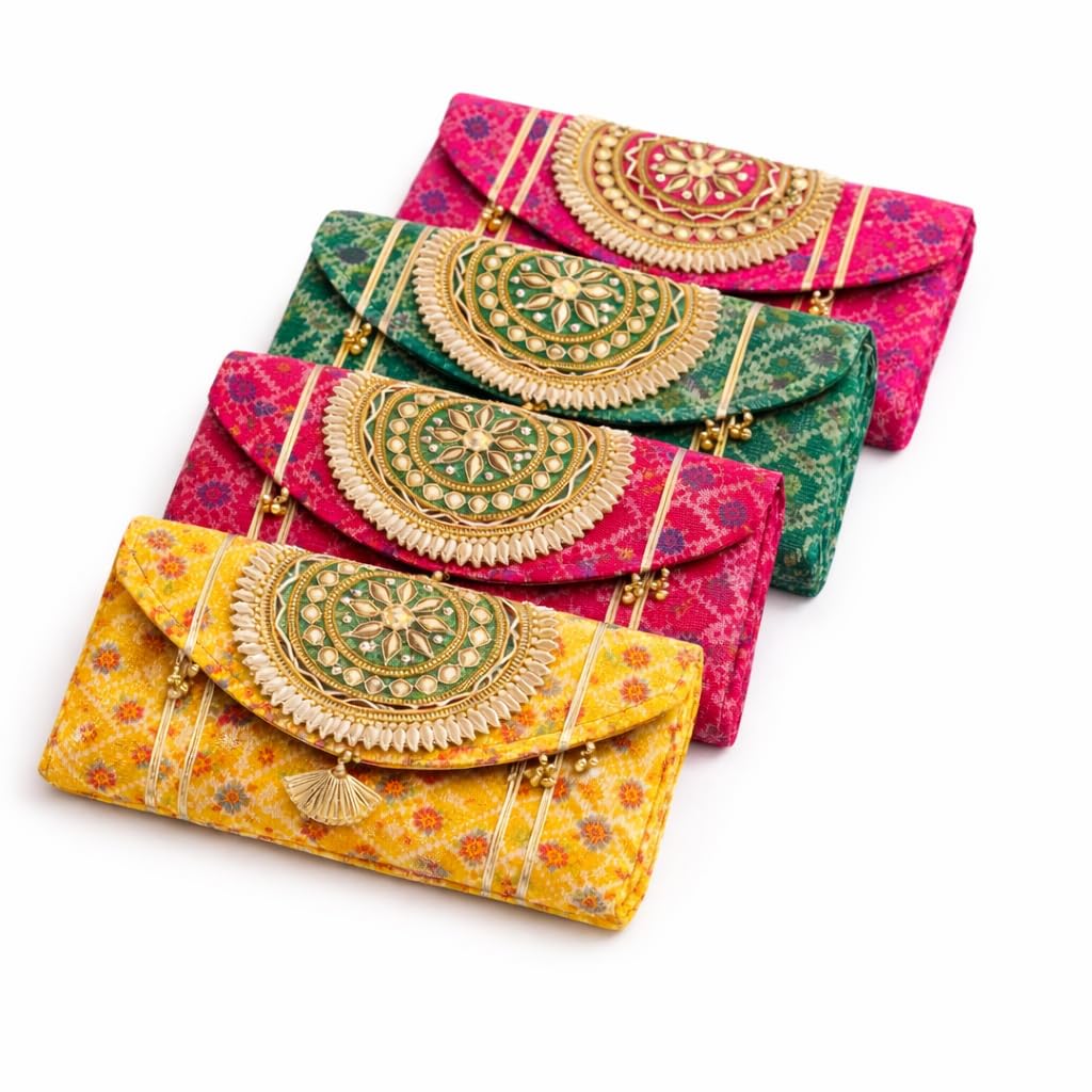 blessing decor Women Ethnic Embroidered Clutch Bag with Golden Handwork & Tassel | Traditional Style Purse for Wedding, Party, Festive | Shagun Clutches for Wedding Return Gifts- (PACK OF 4) (4)-picture-23