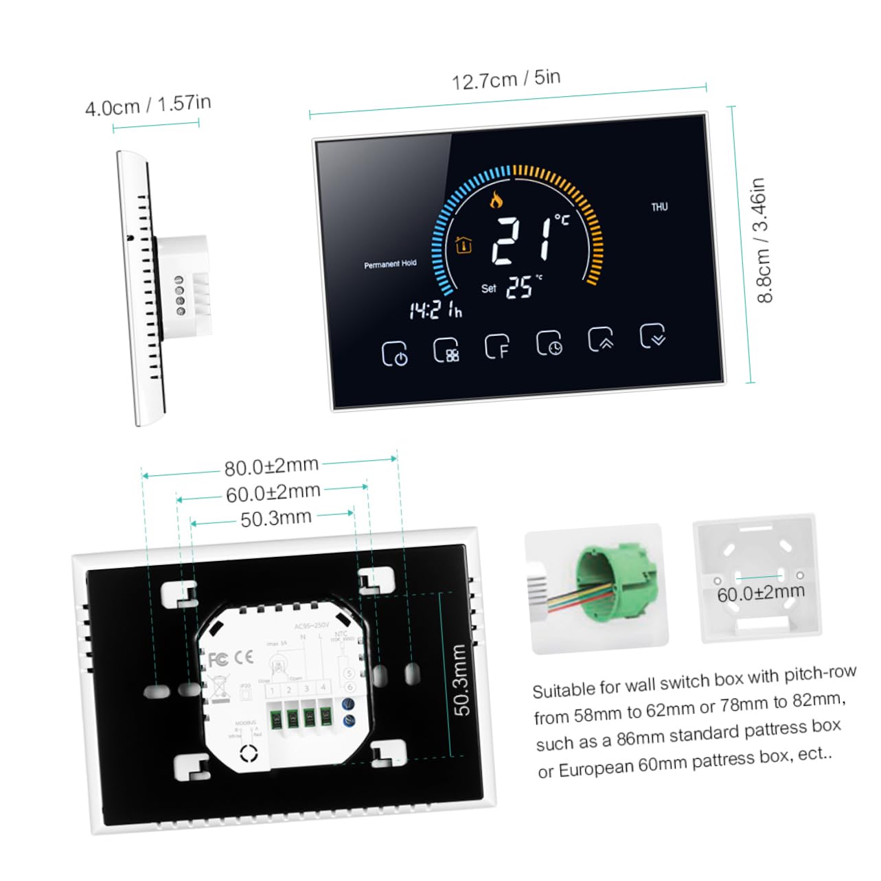 Housoutil Termostato Intelligente per Riscaldamento a Pavimento 8000 Schermo Lcd 4.8 Pollici, Controllo della Temperatura Domestico con Tolleranza ±1°c, Design Moderno e Nero