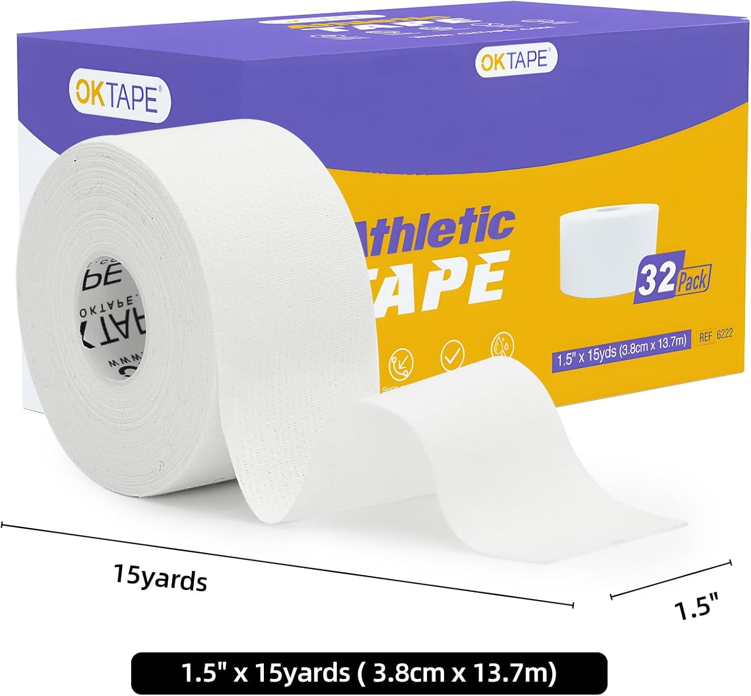 OK TAPE 32 Rolls Athletic Tape, Sports Tape for Injuries, Rigid, Easy Tear Medical Tape, Wrist Tape, No Sticky Residue | Secure Ankle, Finger, Knee- 1.5inch x 15yards (White)