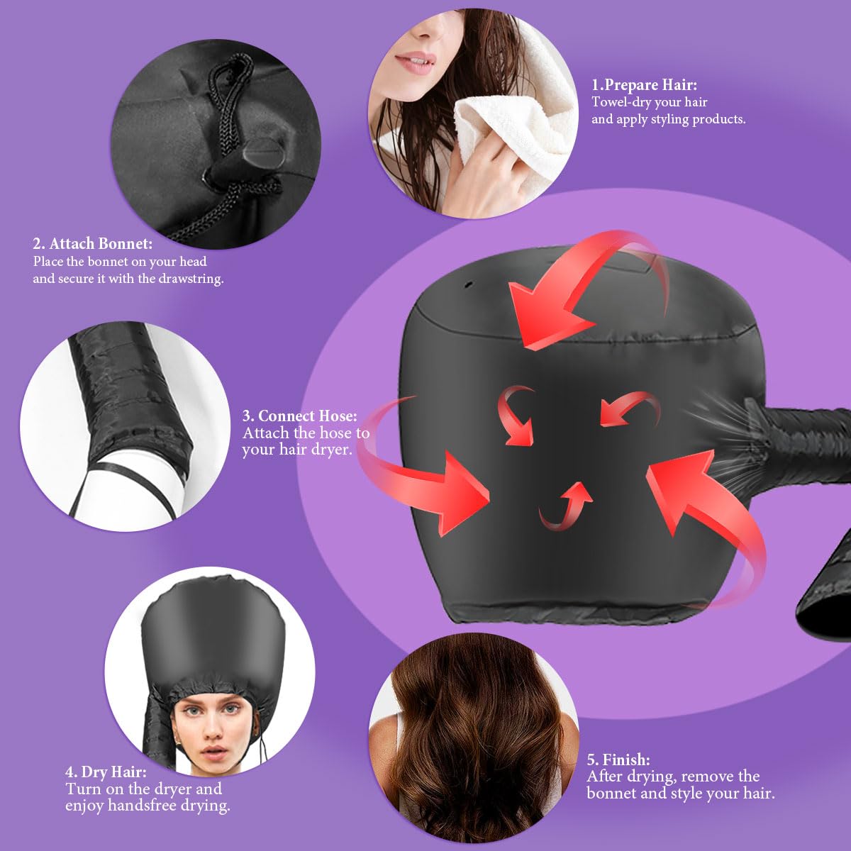 Secador de pelo con capucha, secador de pelo de secado rápido para cabello natural, acondicionamiento profundo, peinado y mejora de rizos, ajuste ajustable, distribución de calor, portátil y ligero 5