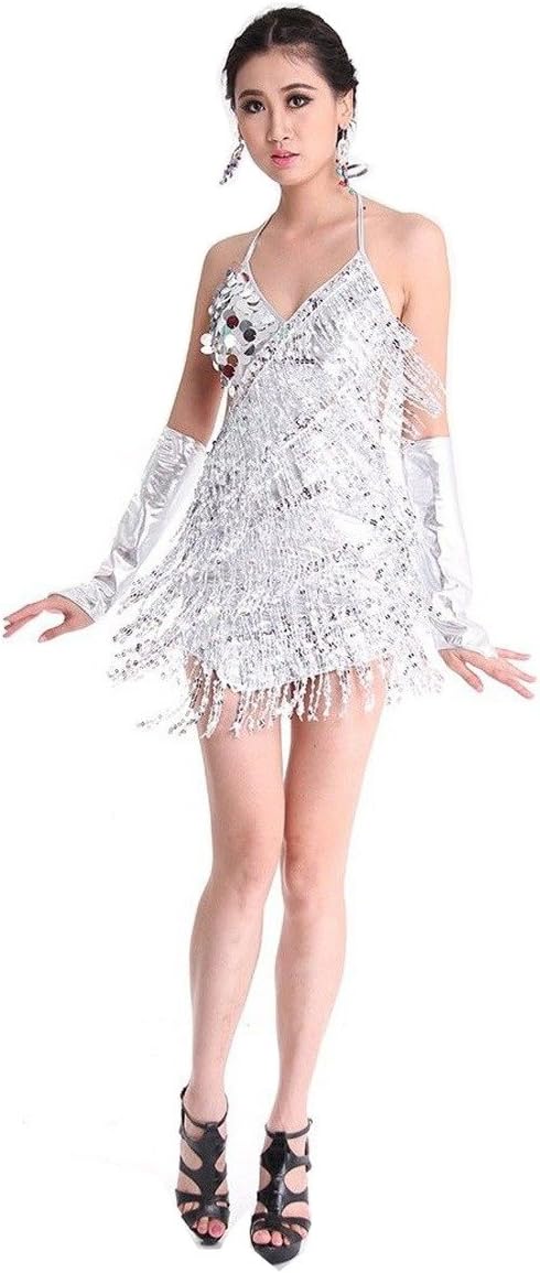 Pilot-Trade Women's Lady Cocktail Club Wear Party Latin Dance Asymmetric Sequin Fringe Dress Silver One Size