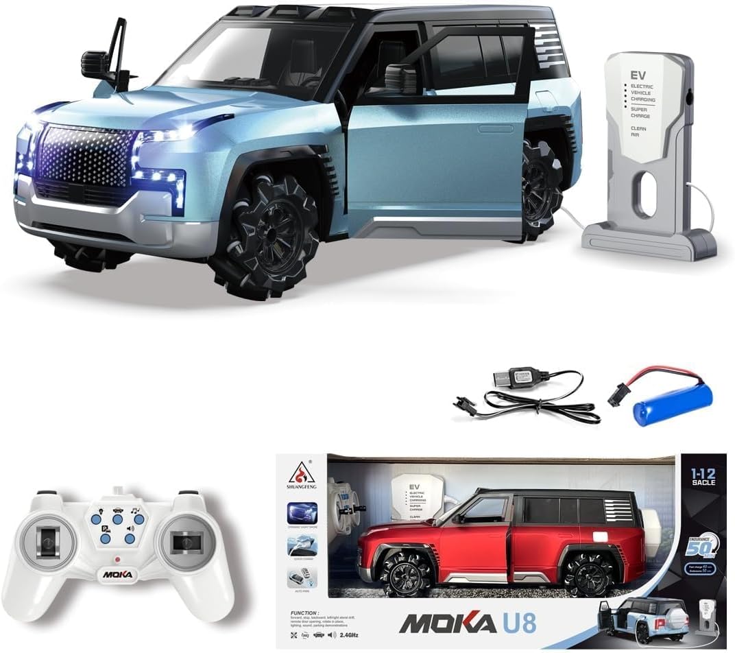 1:12 Scale Rechargeable Moka U8 Remote Control Drift Car with EV Power Charge Station | Auto Park, Light & Music for Kids/Children Ages 3+, Multicolor