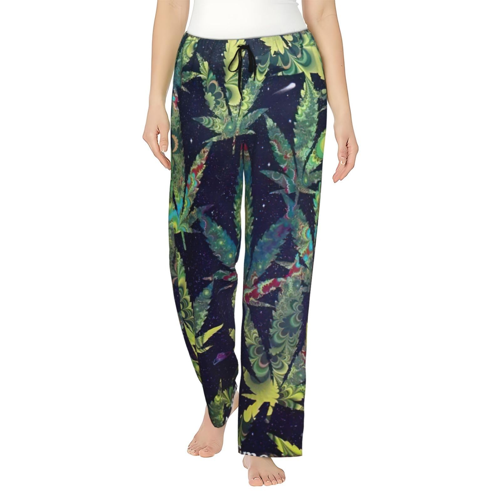 Jejea Women's Black A Puff In Time Weed Marijuana Print Soft Polyester Lounge Pajama Pants - Loose Comfy Sleep Sweatpants With Pockets