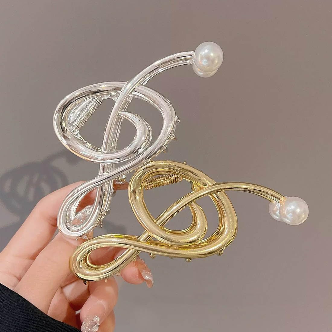 Cubahop 2PCS Metal Hair Claw Clips Barrettes Musical Note Pearl Irregular Large Shark Clamp Gold Silver Wave Non-Slip Hair Styling Accessories for Women (Color A - Image 3