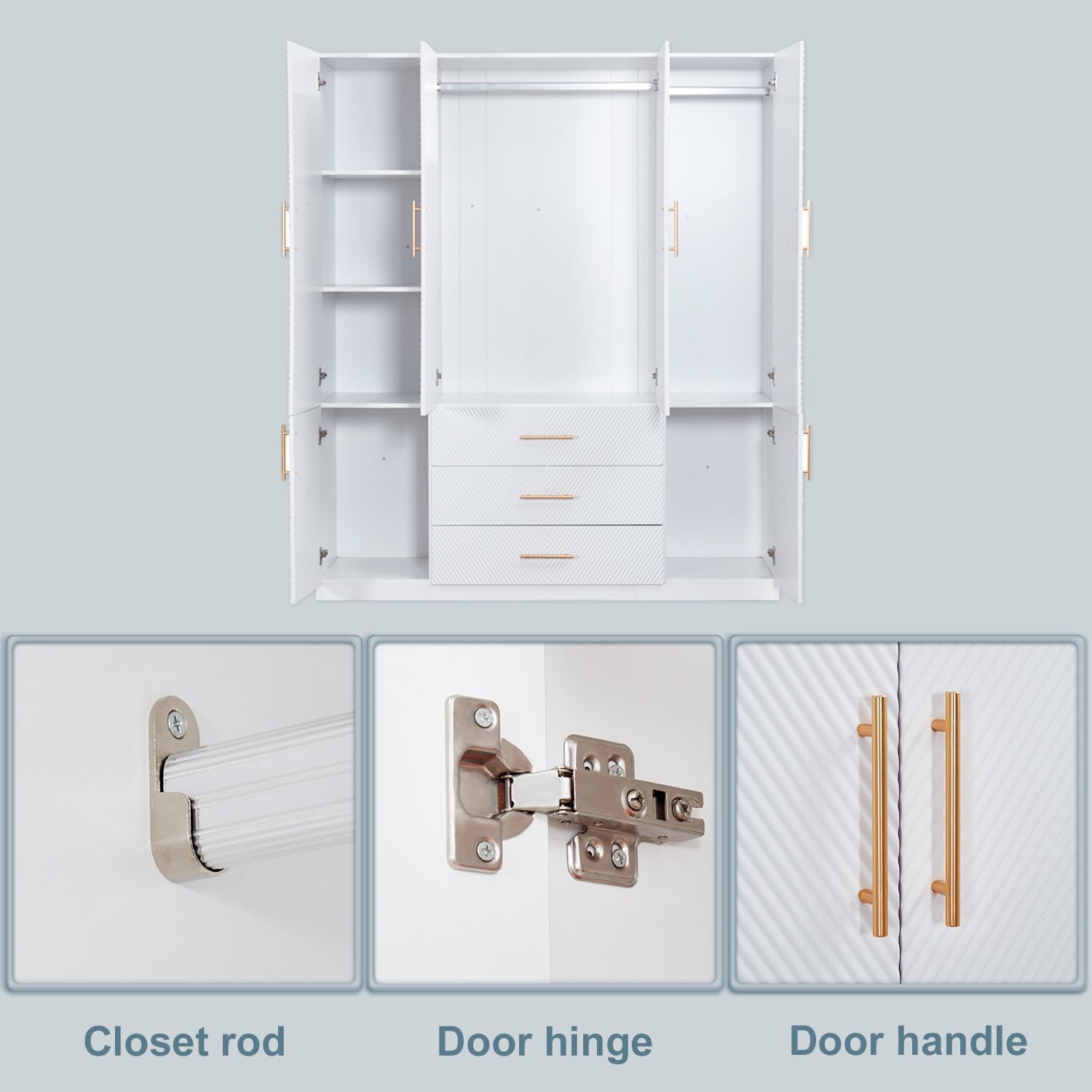 White Wooden Armoire Wardrobe Closet 4 Doors, 2 Hanging Rods, 3 Drawers, and Shelves Tall Storage Wardrobe for Bedroom Home
