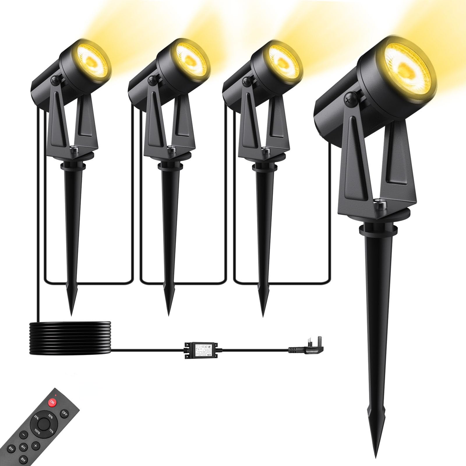 Pogestrand Garden Lights Mains Powered 17M/57FT 4 Pack LED Landscape Spotlights with Remote Control 27V Low Voltage 3000K Garden Uplights IP65 Waterproof Outdoor Pathway Lighting for Lawn Yards Patio