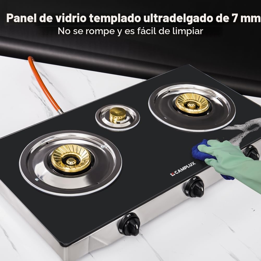 CAMPLUX Explorer Cocina de Gas de 3 Fuegos, 6,25 kW, Butano (28-30mbar) / Propano (37mbar), para Camping, Vanlife y Jardín, TC03GBEU