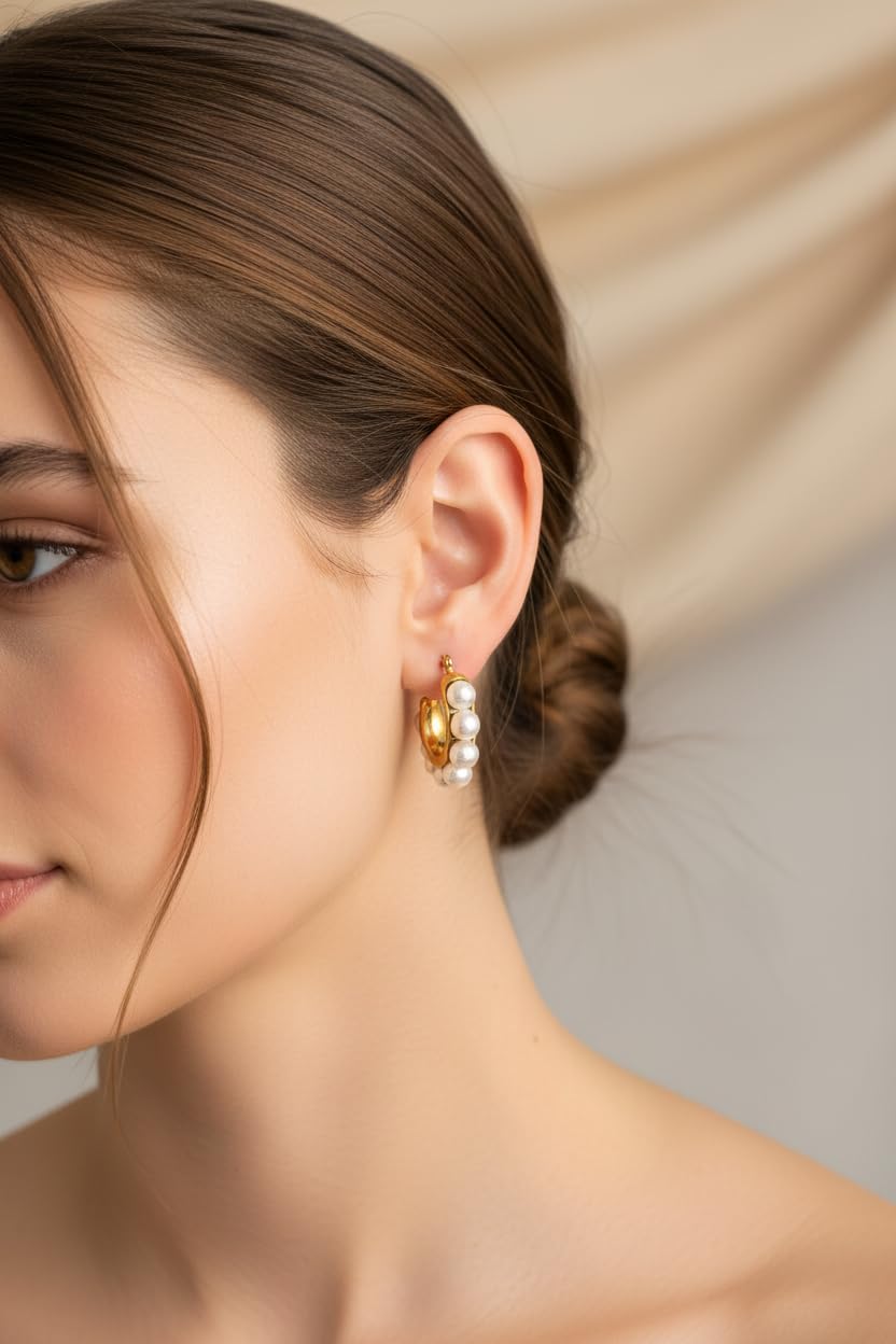 Huggie Orecchini in oro con perle – Orecchini a cerchio in acciaio inox 2,5 cm – Elegante Hoops da donna – Impermeabile e delicato sulla pelle – Gioielli regalo