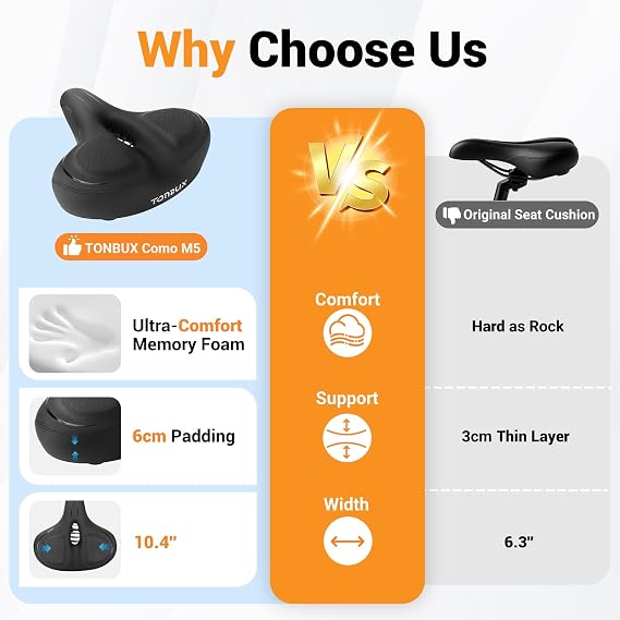 TONBUX Wide Bike Seat for for Men & Women, Comfortable Peloton Bike Seat Cushion, Large Bicycle Seat for Stationary, Exercise, Ebike, Cruiser, Mountain Bike