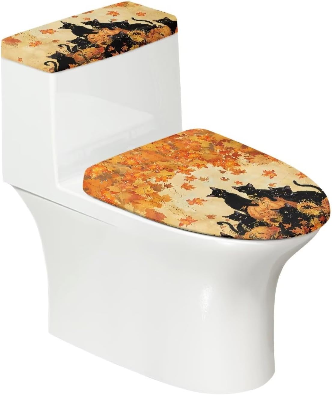 GLENLCWE Toilet Lid Seat Cover Set Black Cat Print, Thanksgiving Universal Fit for Standard Toilet Lids Tank Seats Cover Round Home Decor Fall Decorations