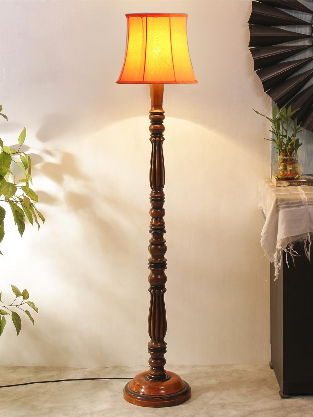 Cylindrical Drum Floor Lamp with Wooden Base - Height 57 Inches, Orange | Modern Standing Lamp for Home, Living Room, Bedroom & Office | Elegant Lighting Decor | Cotton
