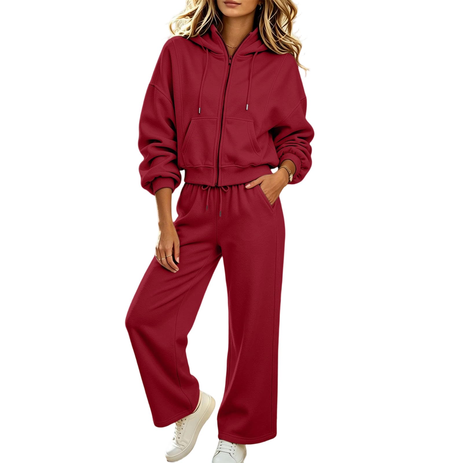 Tuta da donna, set completo casual con cappuccio e jogger, 2 pezzi, con cerniera, felpa con cappuccio a vita alta, pantaloni della tuta per palestra, allenamento, loungewear con tasche
