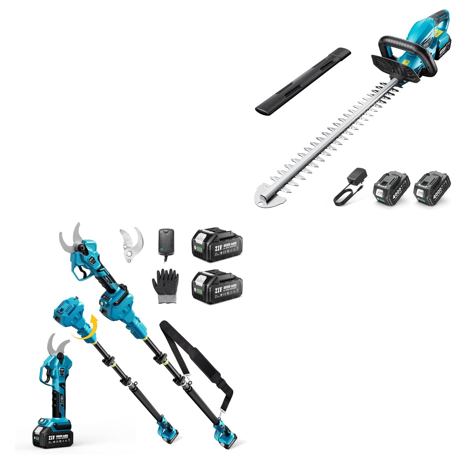 SEESII Cordless Hedge Trimmer for Garden: Electric Handheld Bush Trimmer+SEESII 2-in-1 Pole Pruning Shears: 1.6" Cutting Diameter Cordless Electric Pole Pruners