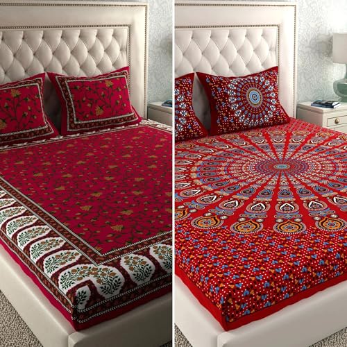 Image of LA VERNE Combo Pack of 2 Double Bedsheet with 4 Pillow Covers | Cotton Double Flat 104 TC Jaipuri Prints Bedsheet 240 X 220 CM (Red)