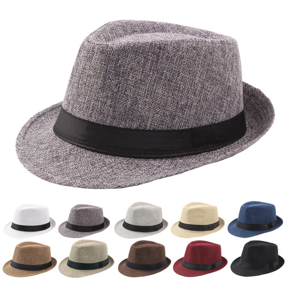 ohfruit Męska klasyczna czapka Fedora z szerokim rondem, lniane kapelusze Panama, dżentelmen jazz czapka na plażę imprezę na świeżym powietrzu kawa