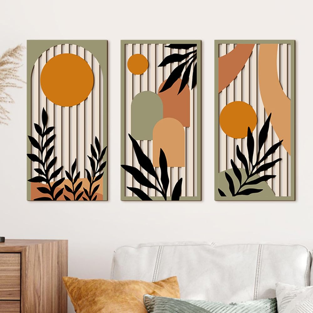 KiKiHong Décoration Murale en Bois Set de 3,Deco Murale Bois,Tableaux Murs en Bois Motif Plantes & Géométrique Moderne pour Salon Chambre Entrée Galerie 40 x 20 cm