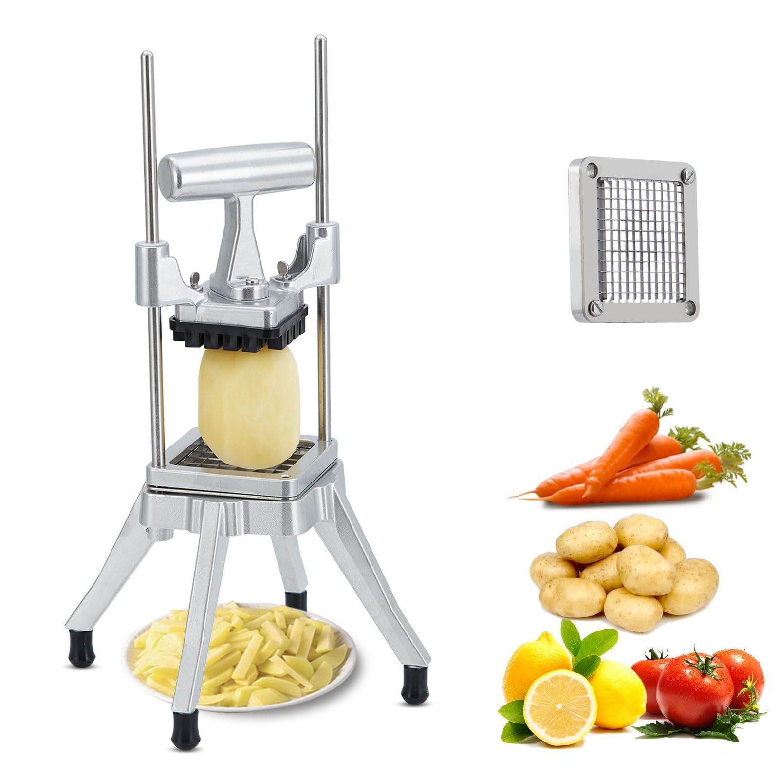 Garvee Manueller Edelstahl Gemüse- & Obstschneider – Robuster Pommes- & Zwiebelschneider – 1 austauschbare Klinge (1/4") für Kartoffeln, Tomaten, Gurken – Vertikalpresse – Silber – 1 Klinge (1/4"),