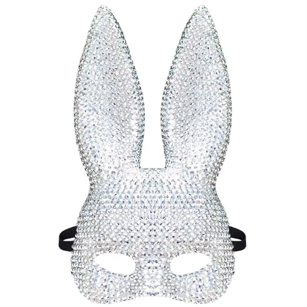 Uzztfa Silver Disco Bunny Mask Rhinestone Rabbit Half Face Mask For Birthday Party Easter Halloween Masquerade Costume Accessory