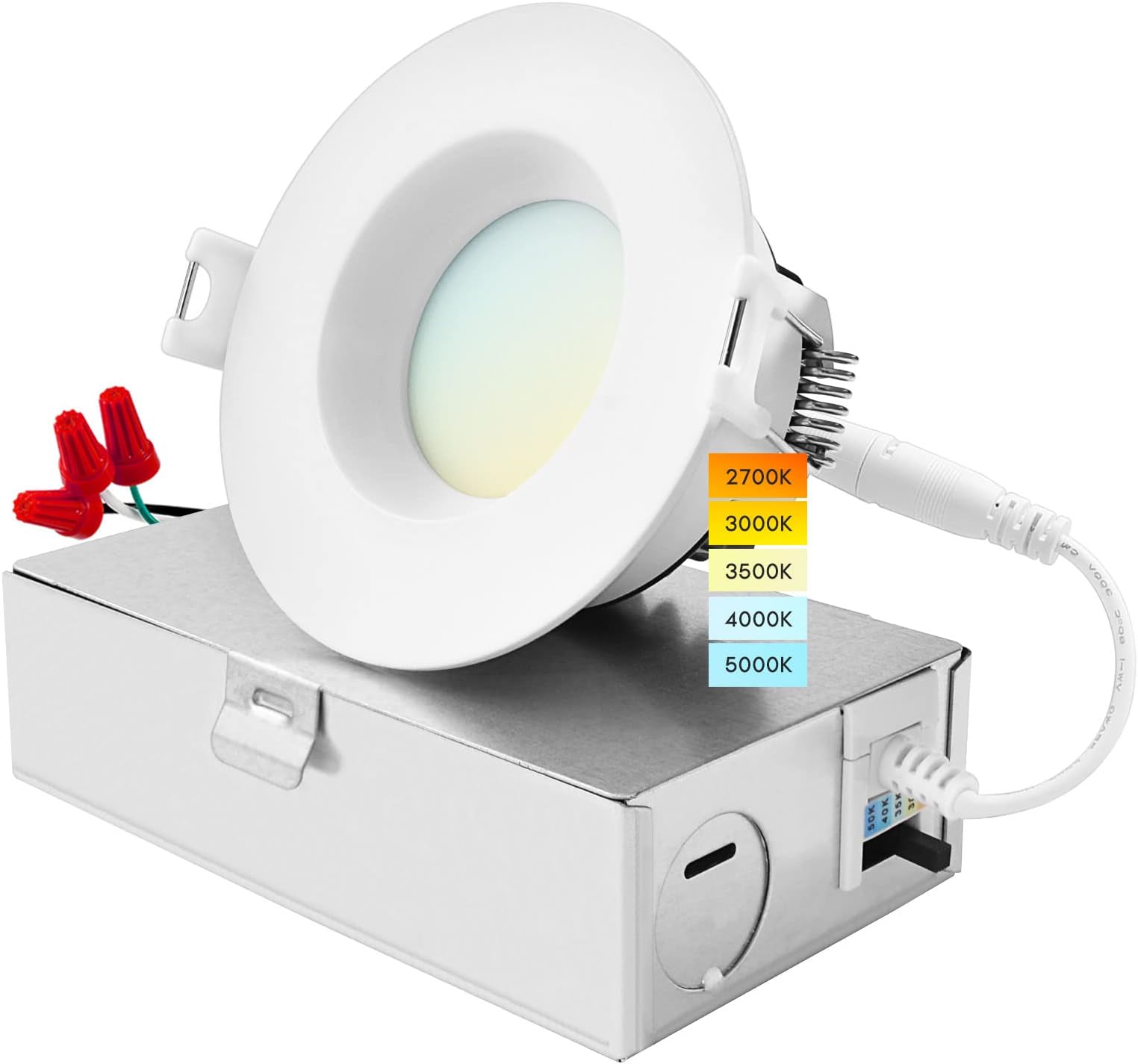 LUXRITE 3 Inch LED Recessed Ceiling Light with Junction Box, 10W, 5CCT Selectable 2700K/3000K/3500K/4000K/5000K, 800LM High Brightness, Dimmable Canless Downlight, Wet Rated, IC Rated, ETL Listed