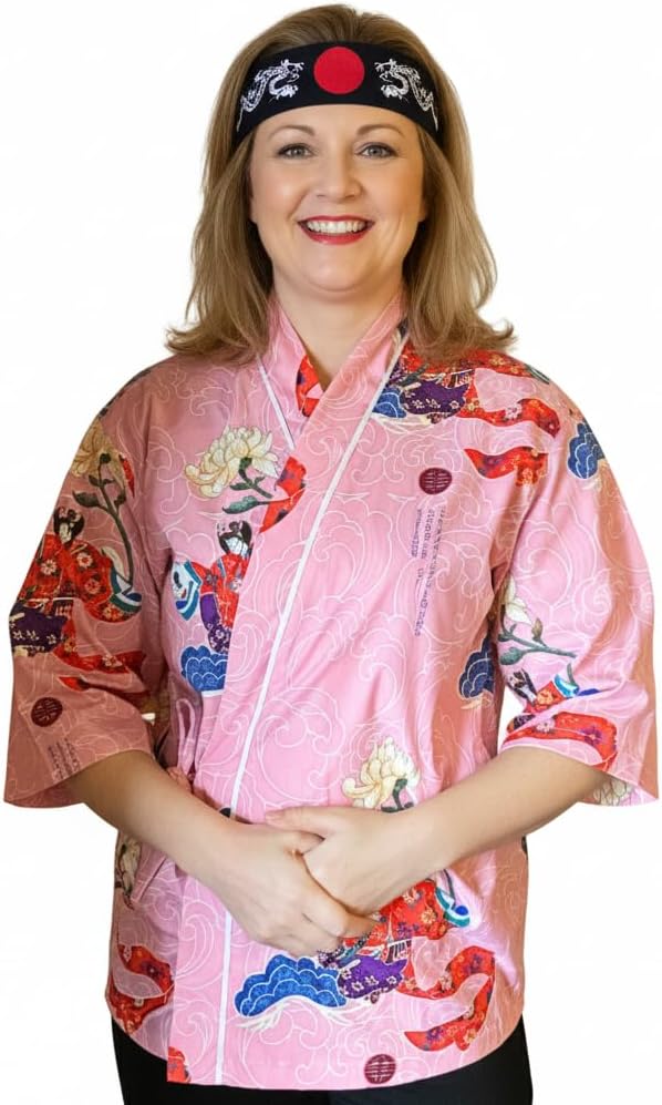 Japanese Sushi Restaurant Chef Coat Uniform, 3/4 Sleeve Kimono Style Chef Jacket with Headband or Chef Skull Cap