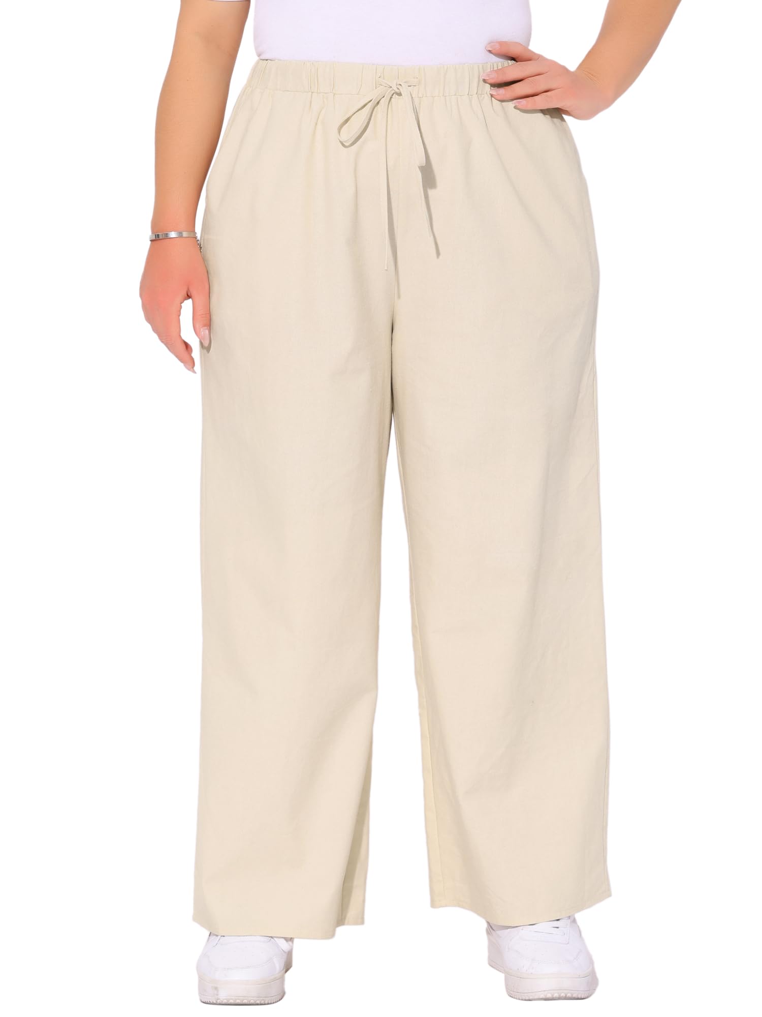Agnes Orinda Plus Size Womens Cotton Linen Summer Palazzo Pants Drawstring Relaxed Fit Wide Leg Trousers with Pockets