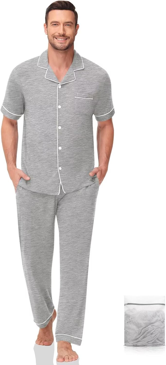 Men Pajamas Set Two Pieces Short Sleeve Sleepwear Button Down Loungewear Set Soft Modal Pj Set with Pockets