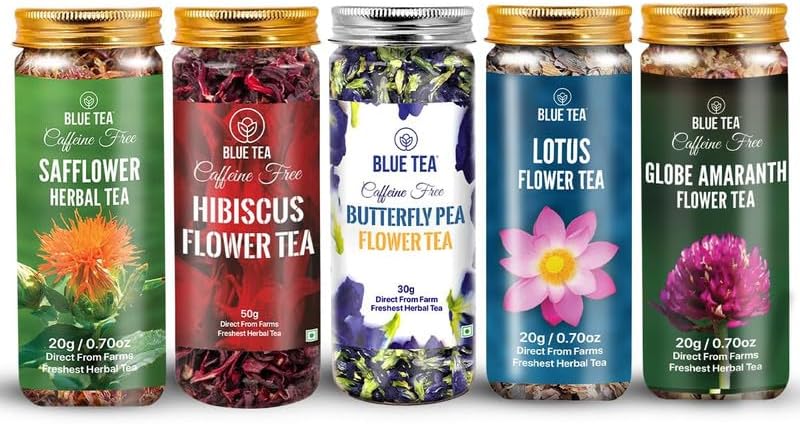 BLUE TEA - Flower Tea Combo - 4.93 Oz (Pack of 5) | Safflower, Hibiscus, Butterfly Pea, Lotus, Globe Amaranth | VARIETY PACK | Caffeine Free - Non-Bitter - Herbal Tea - Flower Based - Vegan | Pet Jar Pack