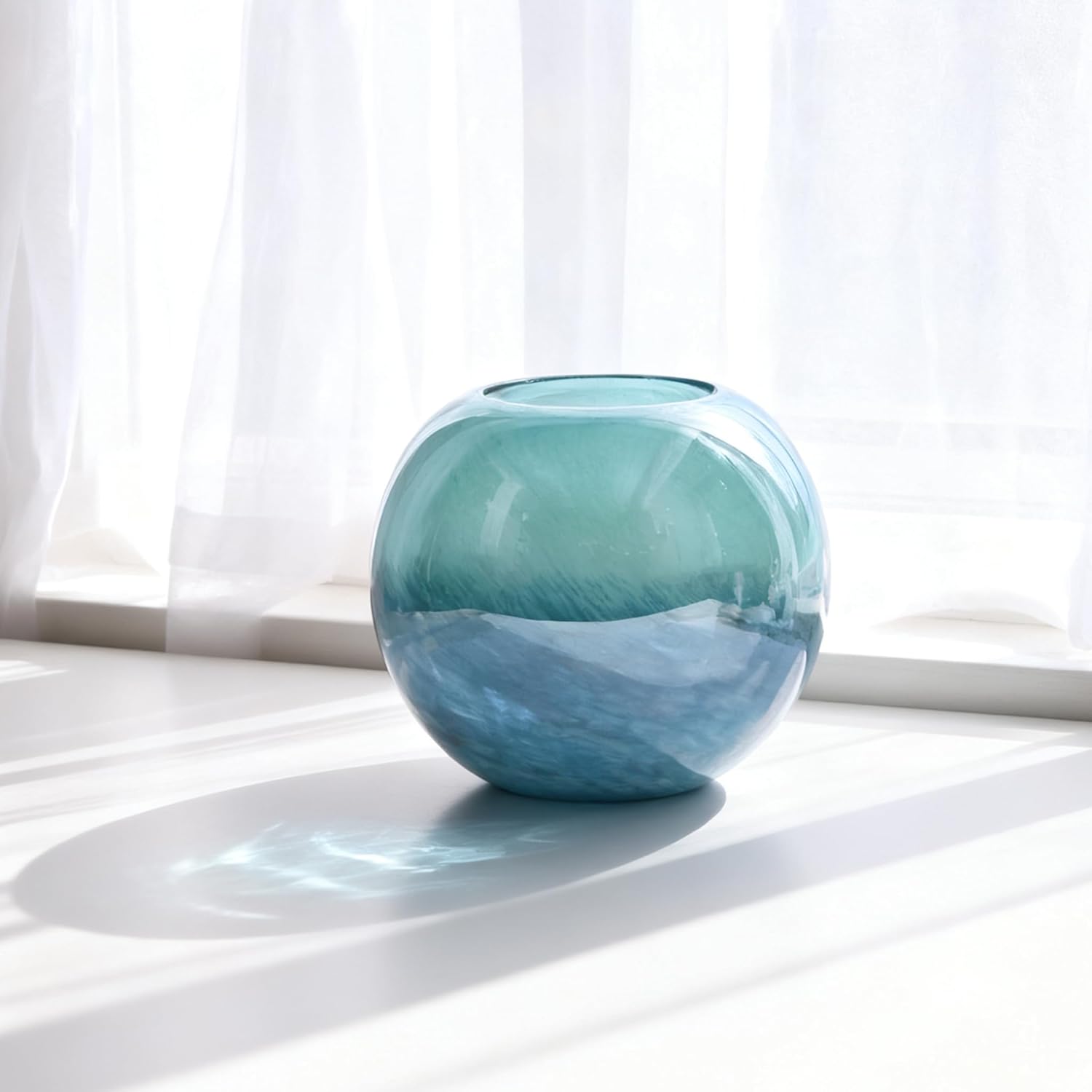7.1" Teal Glass Vase for Flowers, Hand Blown Gradient Decorative Vase for Home Decor, Centerpiece, Dining Table, Shelf, Mantel, Bathroom, Entryway, Countertop, Gift for Friends