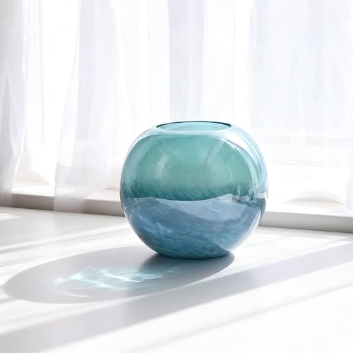 7.1" Teal Glass Vase, Turquoise Blue Round Decorative Flower Vase | Peacock Feather Gradient, Unique Glass Decor, Short Wide Tabletop Vases for Flowers, Greenery or Centerpieces