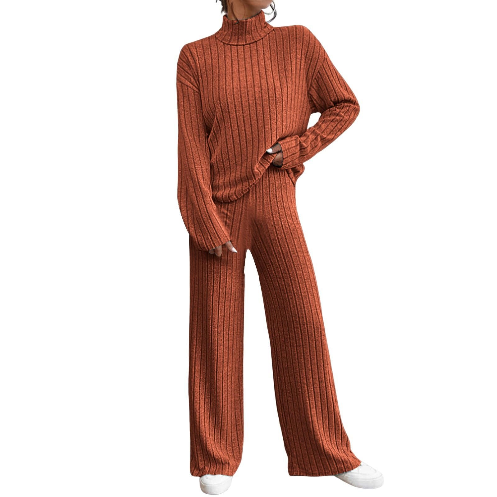 KBOPLEMQ Conjunto de punto para mujer para otoño e invierno, traje de punto para mujer, 2 piezas, elegante traje de boda, traje de pantalones, ropa, cuello alto, jersey, pantalones largos, sueltos,