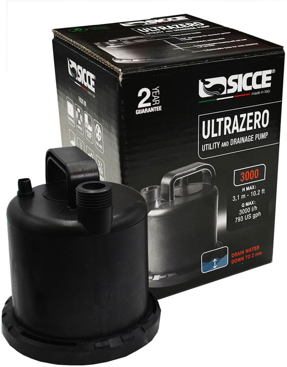 Ultra Zero 793 GPH Multi-Purpose Water Pump | Garden Hose Connection Portable Handle | Ultra Quiet Durable Aquarium Fish Tank Fountain Pond Hydroponics Terrarium Black | Freshwater & Saltwater