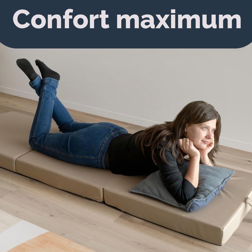 Matelas imperméable Pliable 3 pièces, Matelas de Camping, Matelas d'invités, Matelas de Sol, Matelas de Voyage, 60 x 200 x 10 cm (Beige)