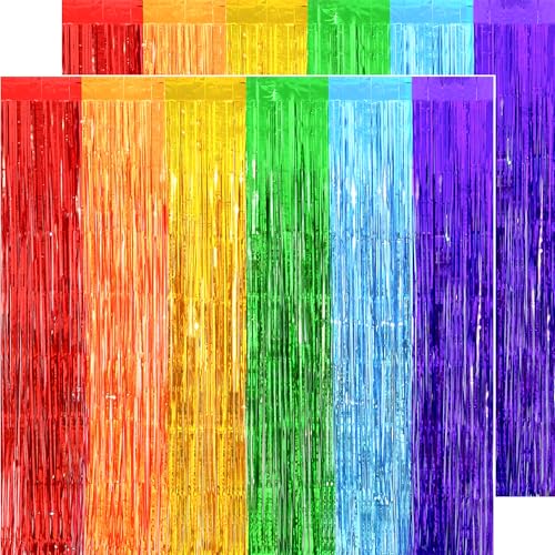 Image of Back to School Decorations, 3.2x8.2 FT Thicken Rainbow Party Streamers Foil Fringe Backdrop Curtains 4 Pack