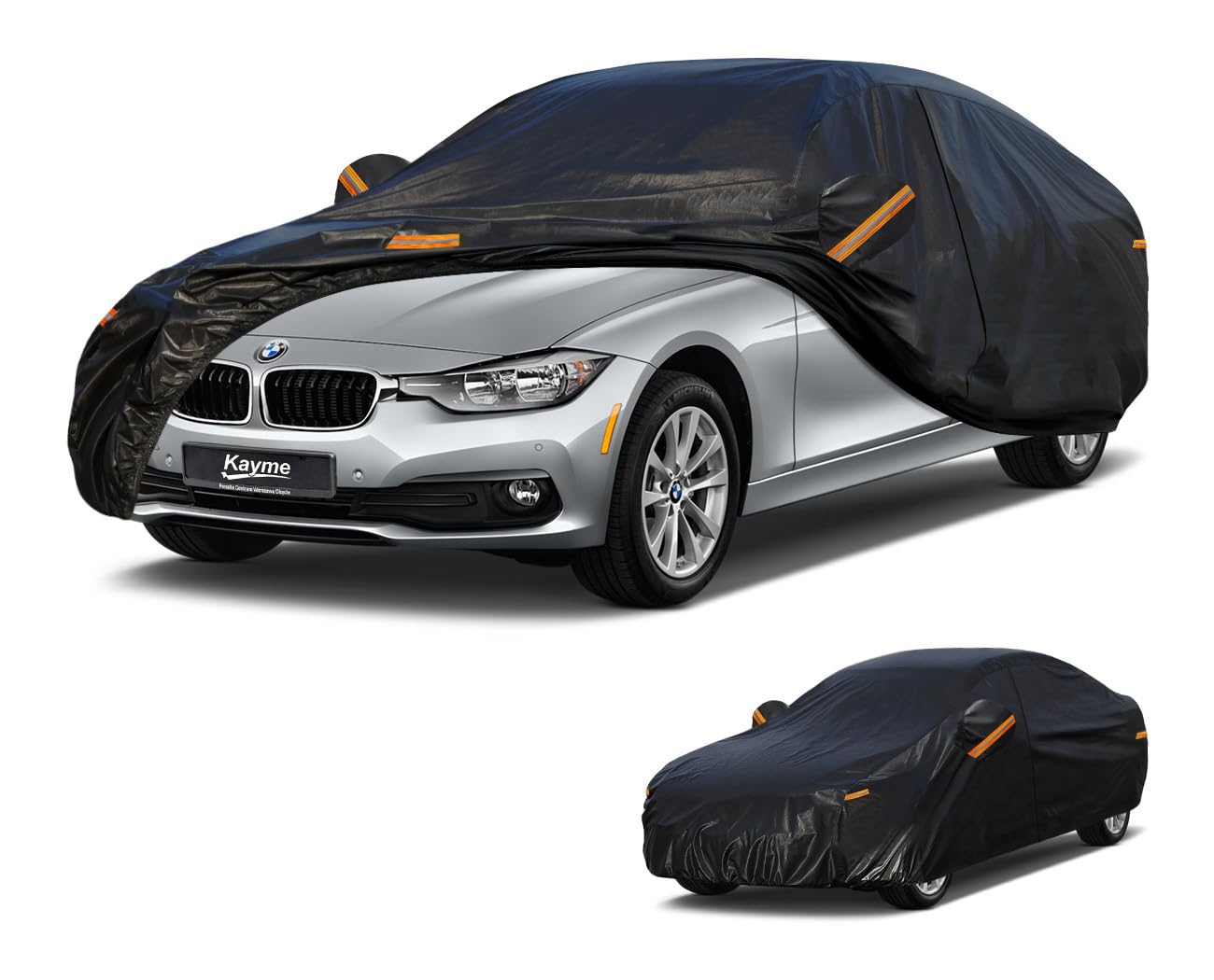 Kayme Autoabdeckung Limousine,Autoplane Wasserdicht Atmungsaktiv, Auto Abdeckplane für Regen Sonne Staub Schutz, Auto Abdeckung für BMW 3er, Jaguar XE, Model 3 etc. Siehe AutoGrößentabelle A9,Schwarz