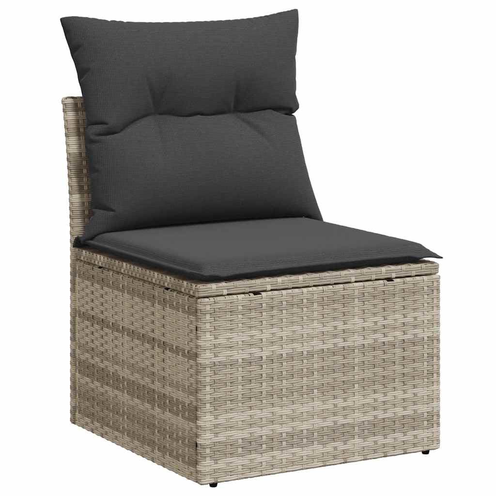 11-teiliges Gartenmöbel Set aus hellgrauem Poly Rattan mit Kissen, wetterfeste Lounge Sitzgruppe für Terrasse Balkon und Wintergarten, inkl. Tisch, Sofa, Sessel, Regal und Fußhocker