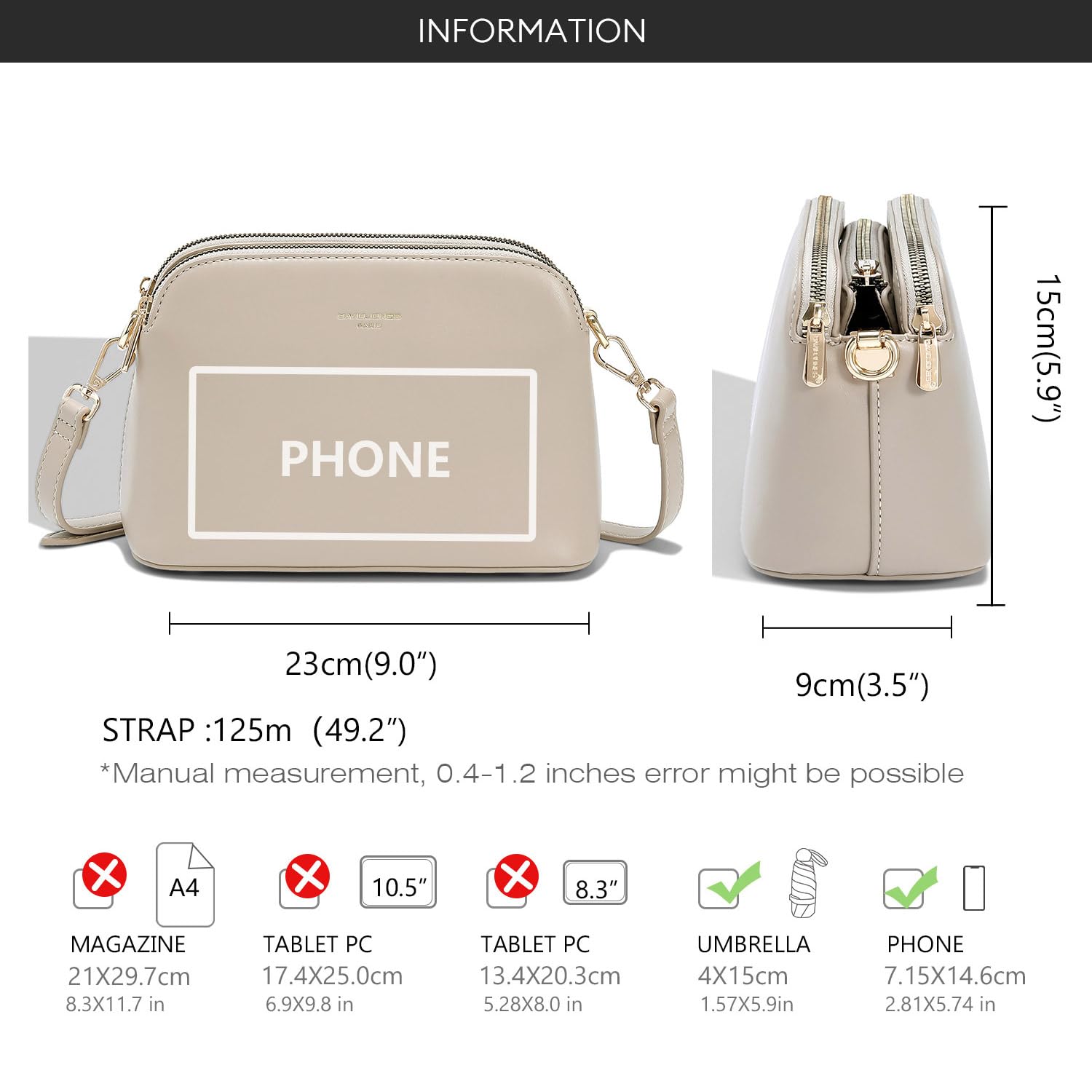 David Jones - Damen Kleine Umhängetasche - Schultertasche PU Leder Viele Fächer 3 Reißverschlüssen Frau - Crossbody Bag mehrere Taschen - Modisch Elegant Handtasche Alltag Abend Freizeit -