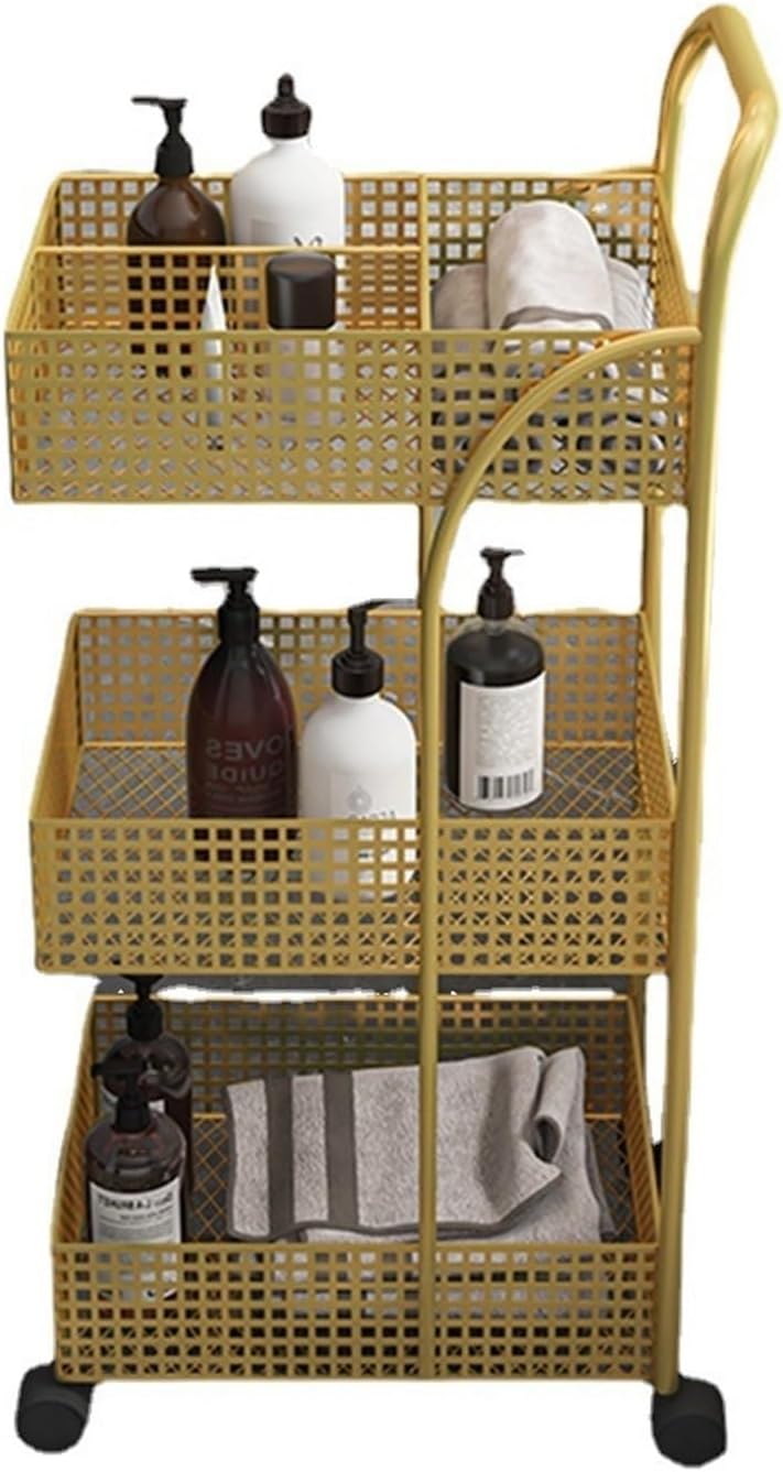Storage Trolley Cart Storage Rack, Bathroom Kitchen Metal, Movable, Wheeled Shelving Organizer(Golden,Small)