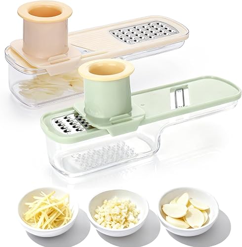 Palksky Cortador de mandolinas de ajo, súper fino, 3 en 1, multifuncional, con trituradora, picadora de ajo portátil, utensilios de cocina, 2